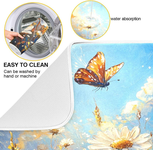 Daisies and Butterfly Painting Dish Drying Mat for Kitchen Counter Super Absorbent Dishes Pad Reversible Microfiber Protector Dish Draining Mats 16x18 inch