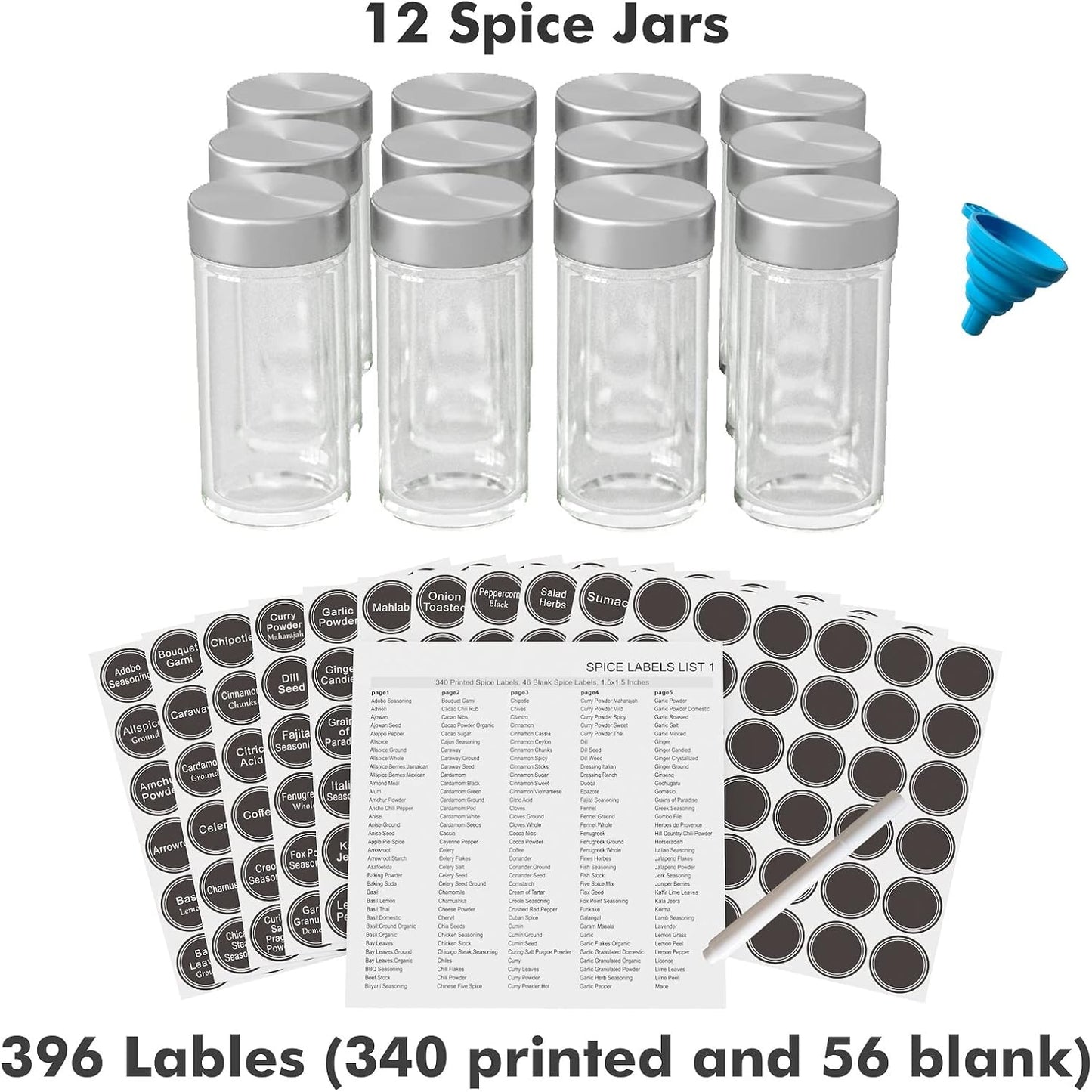 New England Stories Revolving Spice Rack Set with 12 Spice Jars, Kitchen Spice Tower Organizer for Countertop or Cabinet - Carousel Storage Includes 386 Spice Labels