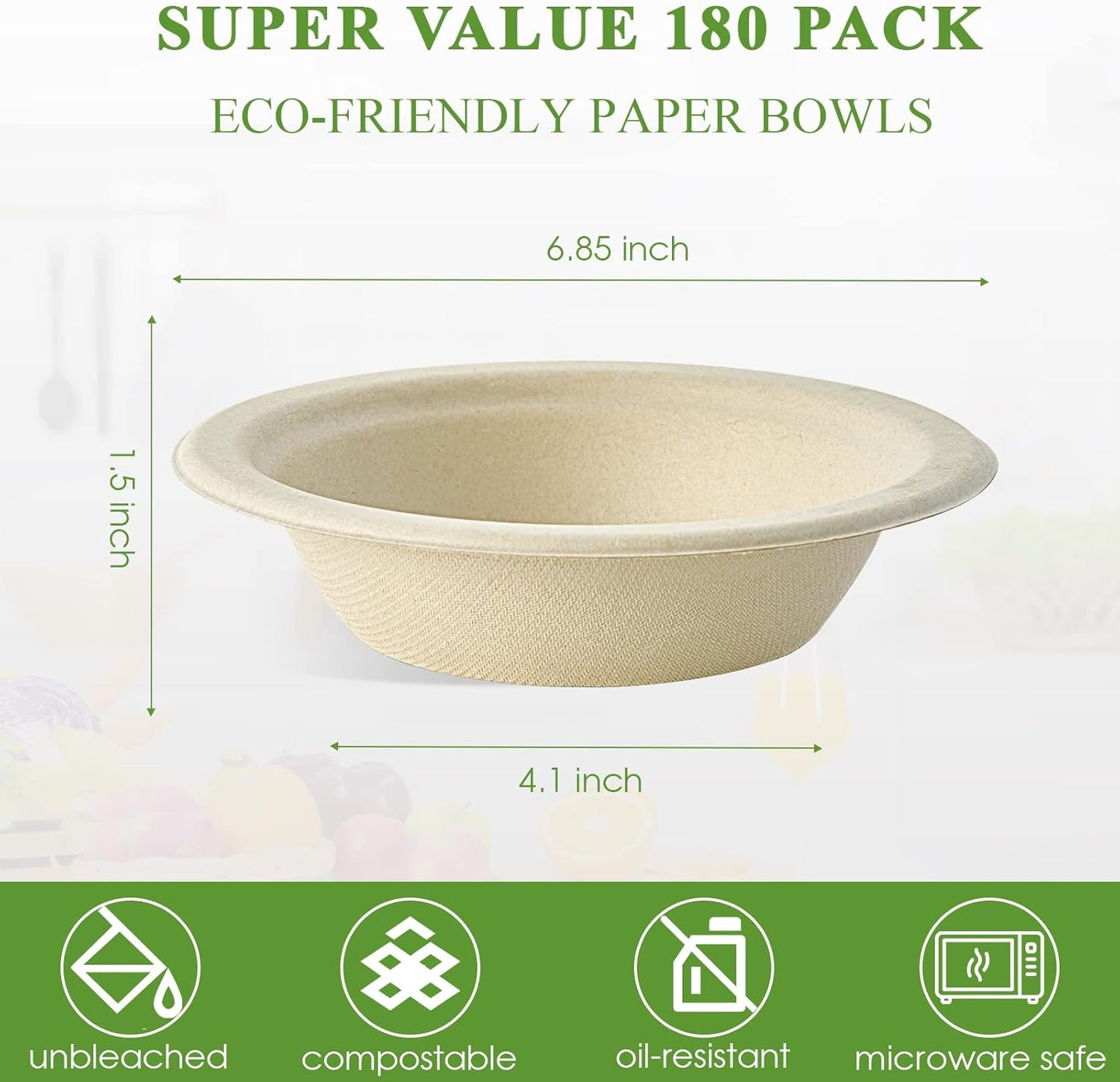 Vplus 180 Pack 16 OZ Paper Bowls, Disposable Compostable Bulk, Eco-friendly Bagasse, Heavy-duty Bowls Perfect for Milk Cereals, Snacks, Salads