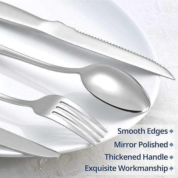 20-Piece Silverware Set Service for 4, Food Grade Stainless Steel Flatware Cutlery Set Kitchen Utensils Set with Steak Knives For Home Restaurant Hotel, Mirror Polished