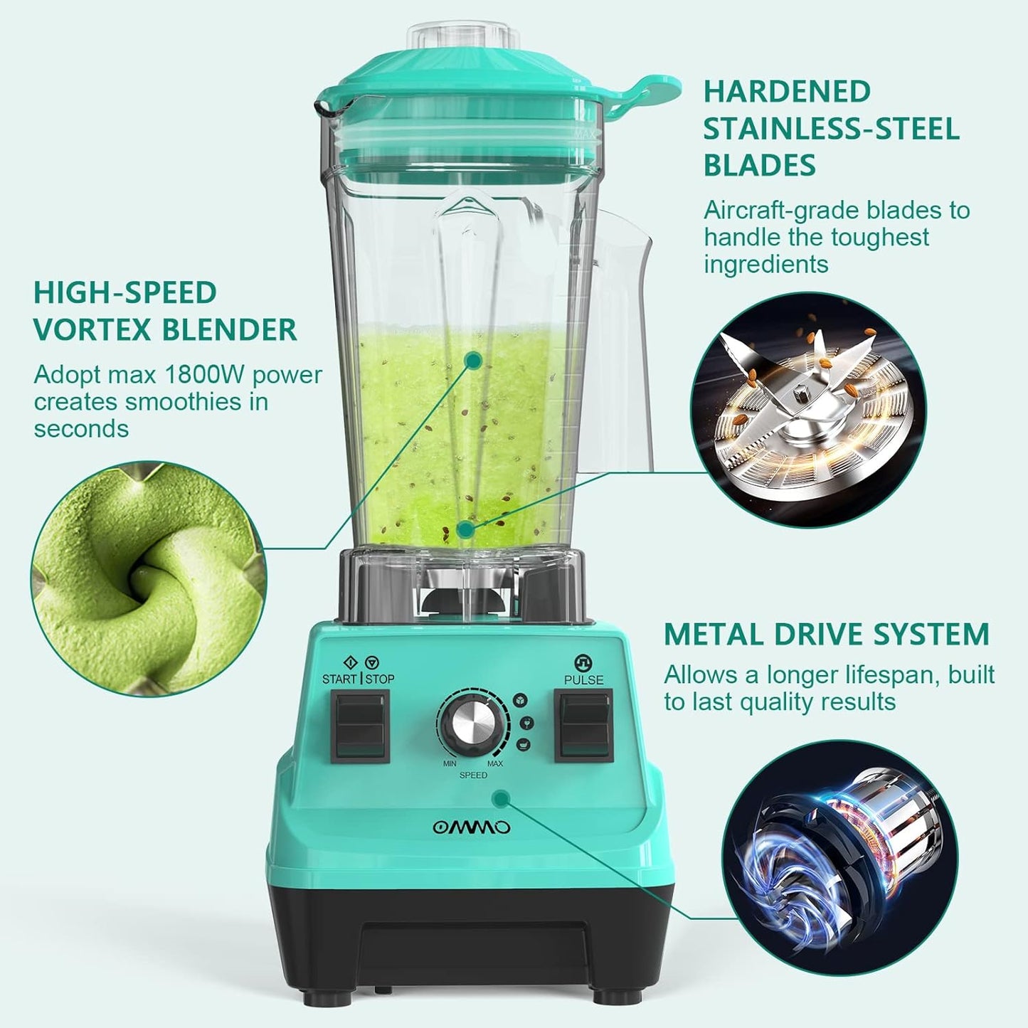 OMMO Blender 1800W, Professional High Speed Countertop Blender with Durable Stainless Steel Blades, 60oz BPA Free Blender for Shakes and Smoothies, Nuts, Ice and Fruits, Dishwasher Safe