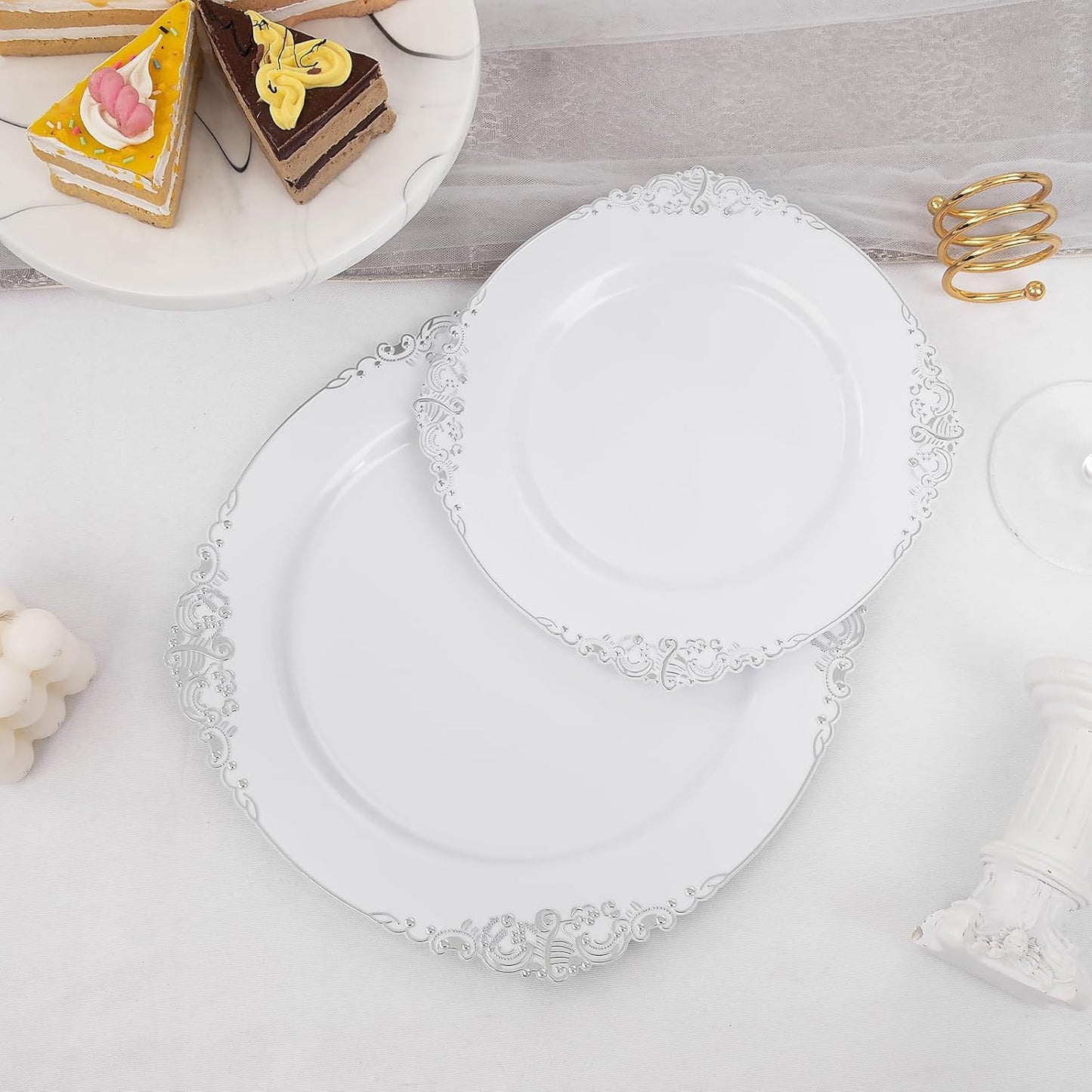 102PCS White and Silver Plastic Plates - Heavyweight Silver Plate - Wedding Plate with Silver Rim - Fancy Dinner & Dessert Plates for 51 Guests Weddings & Parties & Christmas