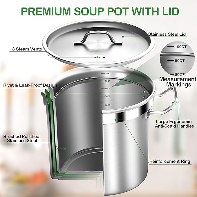 Extra-Large Stainless Steel Stock Pot – Commercial Heavy Duty Soup Pot with Lid, 3-Ply Base for Fast Heating, Ideal for Seafood Boils and Outdoor Cooking - 100 Quart