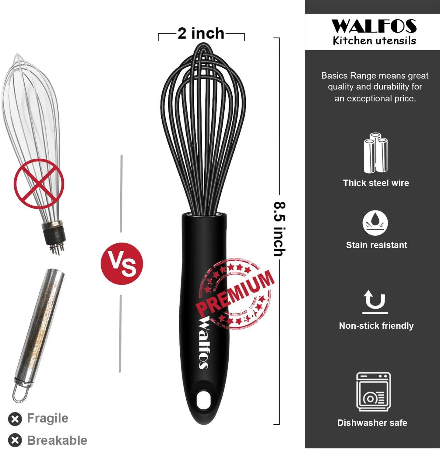 Walfos Silicone Whisk, Stainless Steel Wire Whisk - Heat Resistant Kitchen Whisks for Non-stick Cookware, Balloon Egg Beater Perfect for Blending, Whisking, Beating, Frothing & Stirring, 8.5", Black