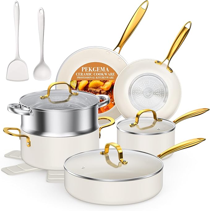 PekGema Ceramic Cookware Set 15-Pieces, Pots and Pans Set Non Stick, Oven Safe Non Toxic, Kitchen Cookware Set, PFOA PTFE FREE, Gold White
