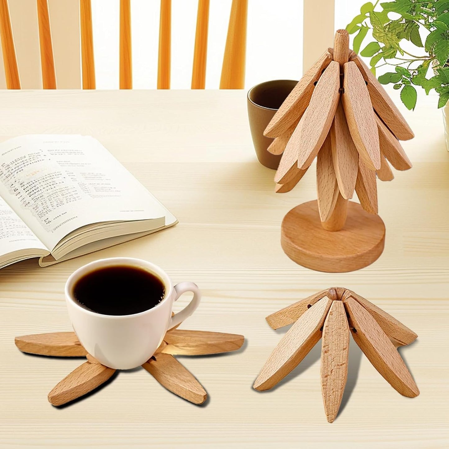 Wooden Trivets for Hot Dishes-Tree Shape Trivet Set, 4 Walnut Wood + 1 Stand stored Like a Christmas Tree,Foldable Kitchen Wooden Trivet,for Hot Dishes Pot Bowl Teapot Hot Pot Holder(Walnut)