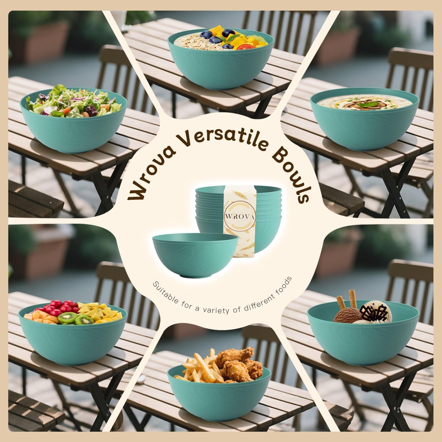 Wrova Wheat Straw Bowls for Kitchen set of 6,Anit-Scald Thick Soup Bowls 40oz,Microwave and Dishwasher Safe Bowl set easy to clean. Green