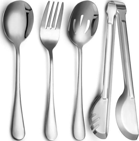 Patelai 4 Pieces Christmas Stainless Steel Silver Serving Utensils Set 8.7" Large Spoons and Slotted Spoon 9.45" Tong 9" Forks Flatware Wedding Party Buffet Banquet Cooking Kitchen Catering