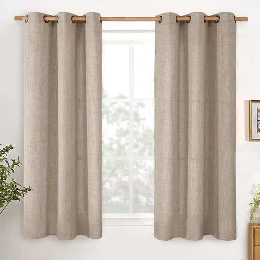 YoungsTex Dark Oatmeal Linen Curtains 54 Inches Length for Kitchen Living Room Window, Bronze Grommet Semi Sheer Drapes Privacy Light Filtering for Bedroom Bathroom, 42 x 54 Inch, 2 Panels