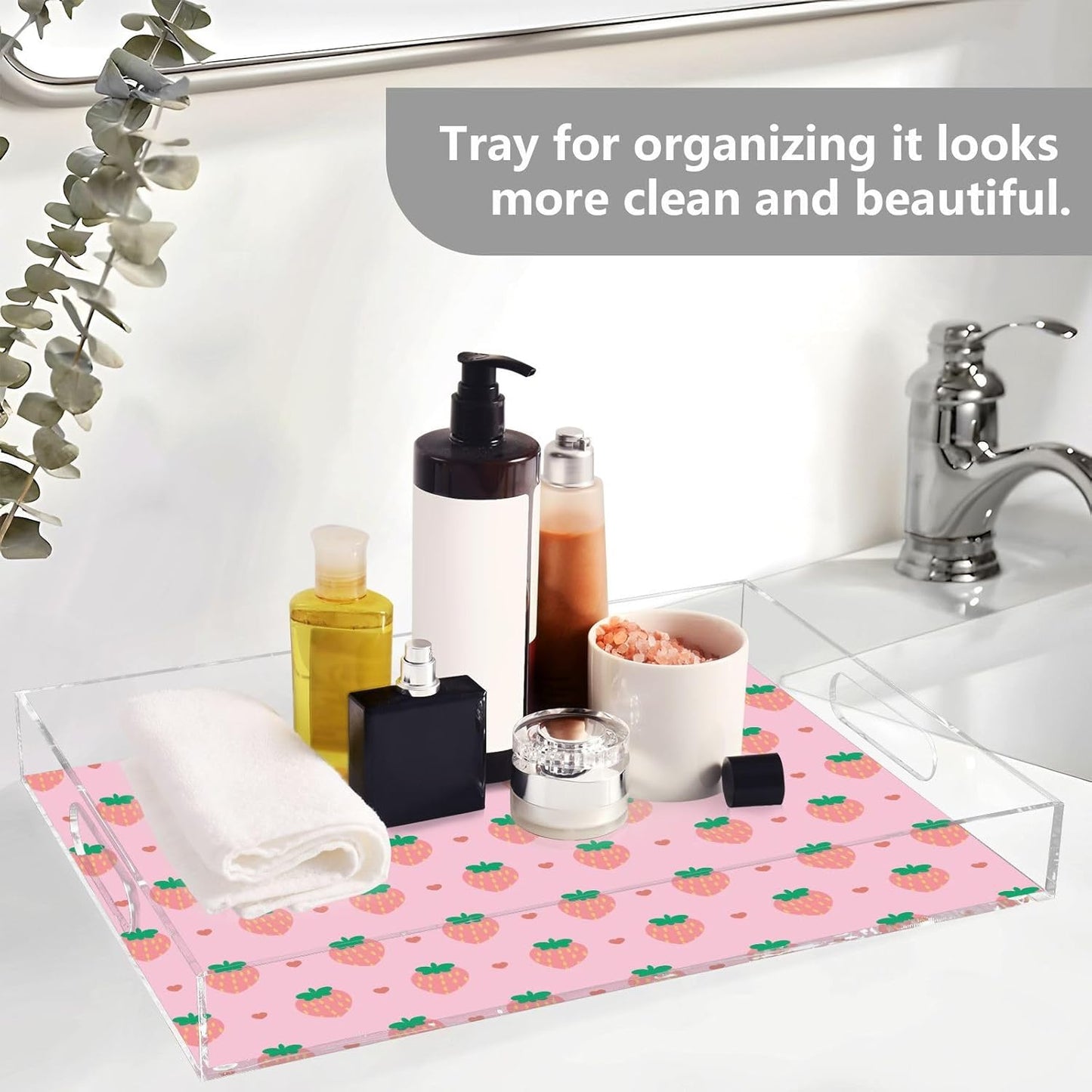 Acrylic Serving Tray with Handles Spill Proof Kitchen Storage Tray Clear Decorative Tray Makeup Drawer Organizer Storage Tray for Bathroom Living Room Ottoman 15.7x11.8Inches