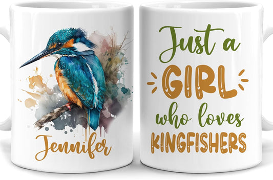 Hyturtle Personalized Gifts Kingfisher Lover - Just A Girl Who Loves Kingfishers Custom Name Ceramic Coffee Mug Cup 11oz - Idea Cute Animal Lover Gifts For Women, Girl Daughter On Birthday, Christmas