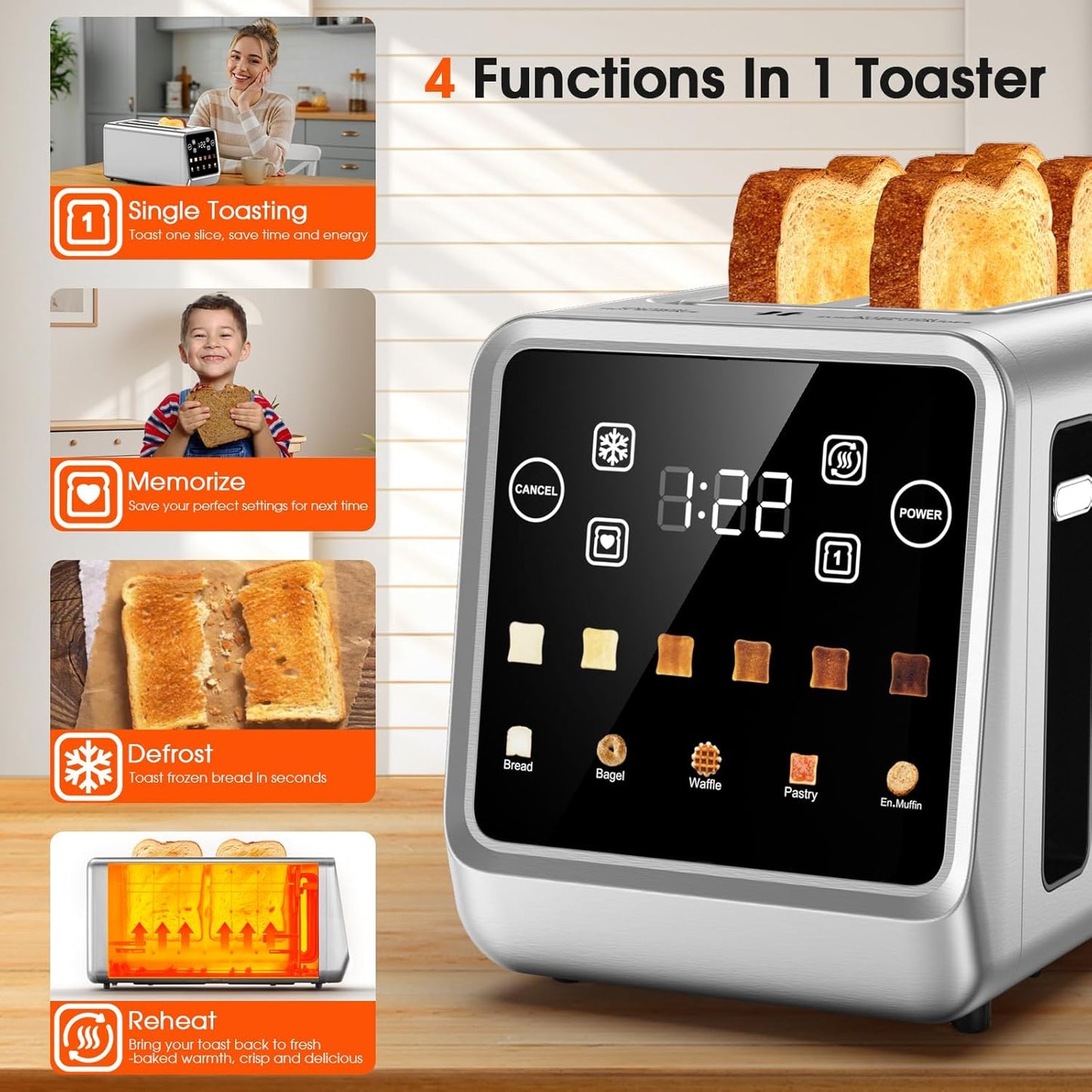4-Slice Smart Toaster with Digital Touchscreen & 1-Touch Memory for Family | Stainless Steel, Extra-Wide Long Slots for Bagels & Artisan Bread | All-in-One Defrost, Reheat & Single-Slice Modes