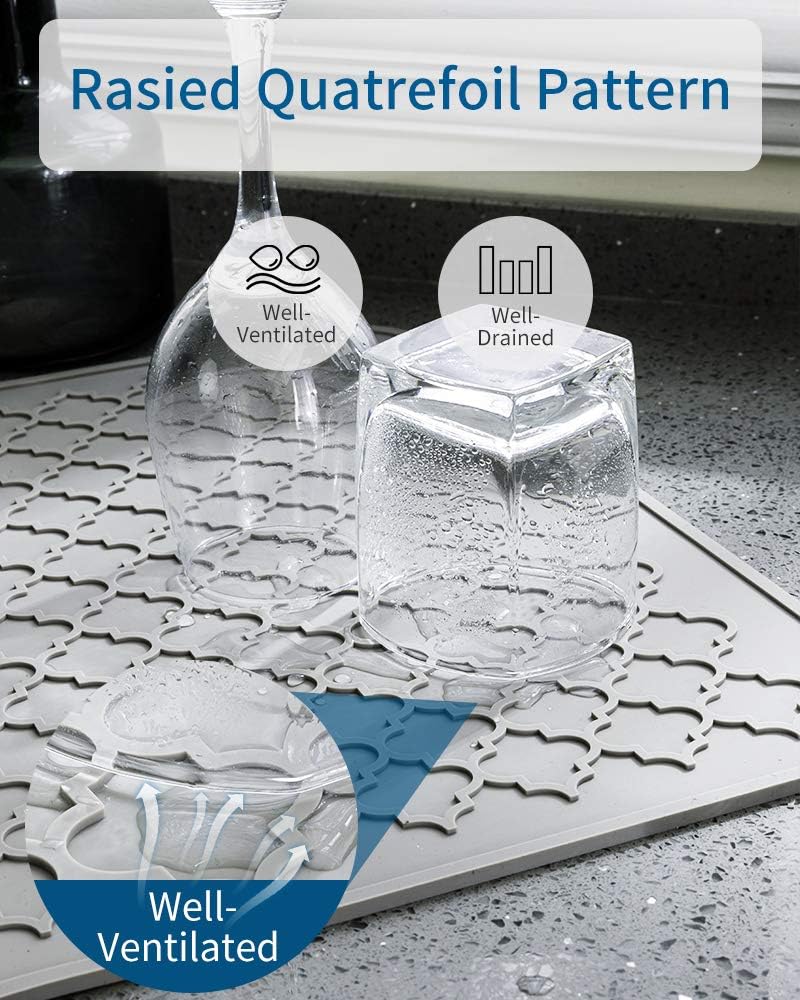 AMOAMI Dish Drying Mat,Heat-resistant,Easy Clean,Silicone Dish Drying Mats for kitchen Counter,Kitchen Gadgets Kitchen Accessories Kitchen Small Appliances (12" x 16", GREY)