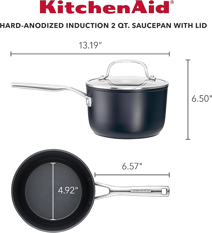 KitchenAid Hard Anodized Induction Nonstick Saucepan with Lid, 2 Quart -Matte Black
