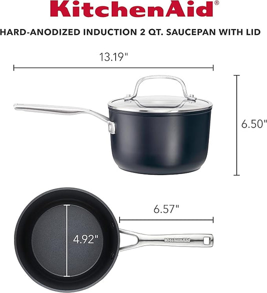 KitchenAid Hard Anodized Induction Nonstick Saucepan with Lid, 2 Quart -Matte Black