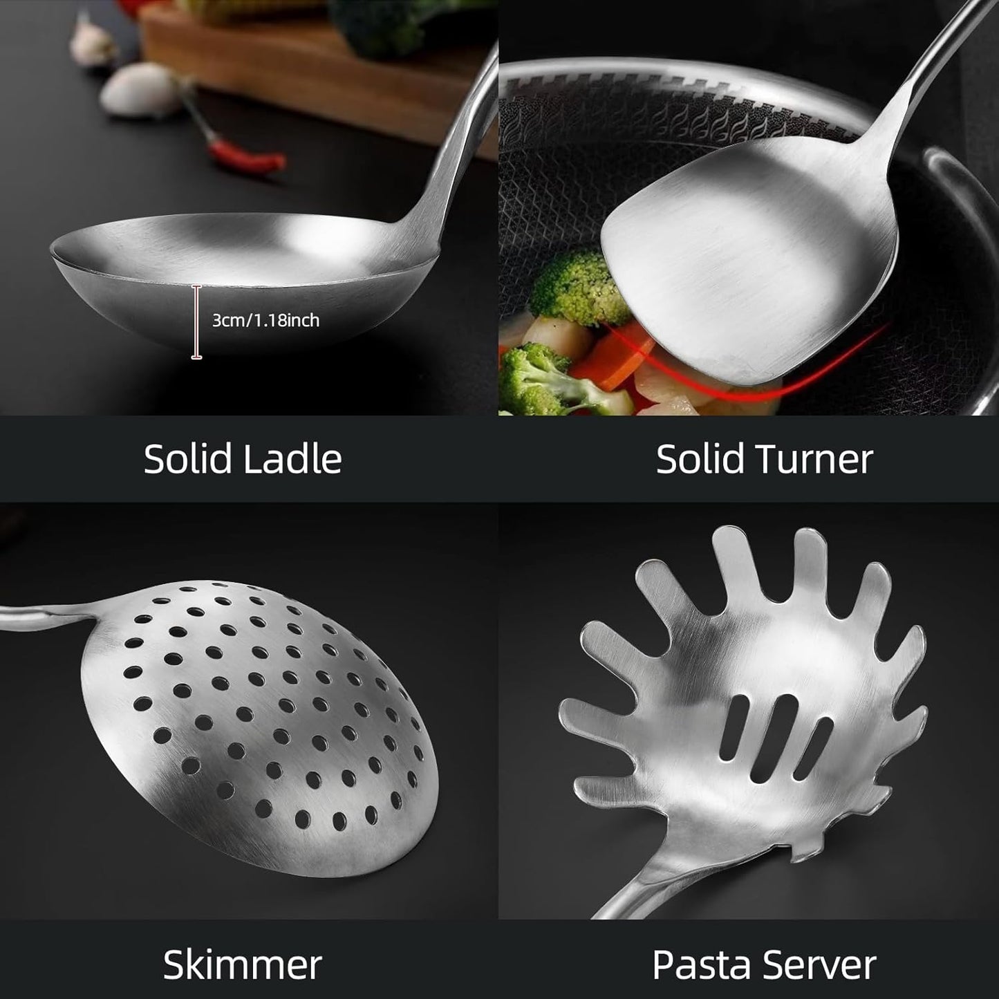 Cooking Utensils set, 18/8 Stainless Steel Kitchen Utensils set, 7 Pieces Cookware Set with Rotating Holder, Heat Resistant Stainless Steel Cooking Spoon(Dishwasher Safe)