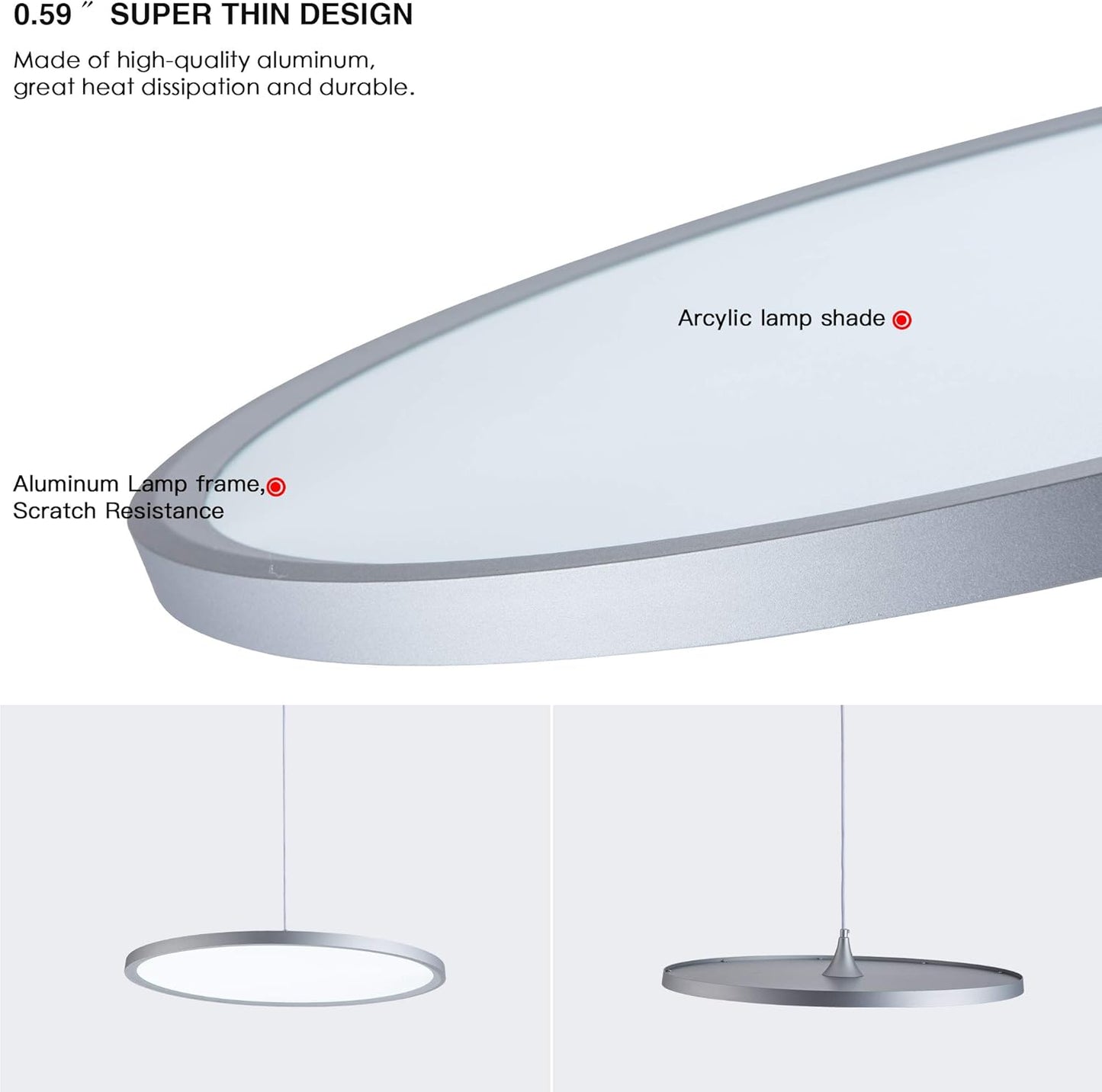 MADEM Modern LED Pendant Light 23.6'' Disc Chandelier Hanging Lighting Fixture with Acrylic Shape Dimmable Contemporary Chandelier 6000K for Office Dining Room Meeting Room Kitchen Island, Silver