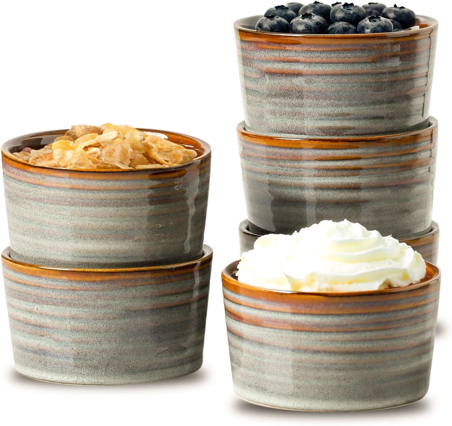 Hasense Ramekins Oven Safe, 6 Ounce Ceramic Souffle Dishes Set of 6, Small Dipping Sauce Bowls for Pudding, Creme Brulee, Souffle, Serving Dip, Custard, Light Grey