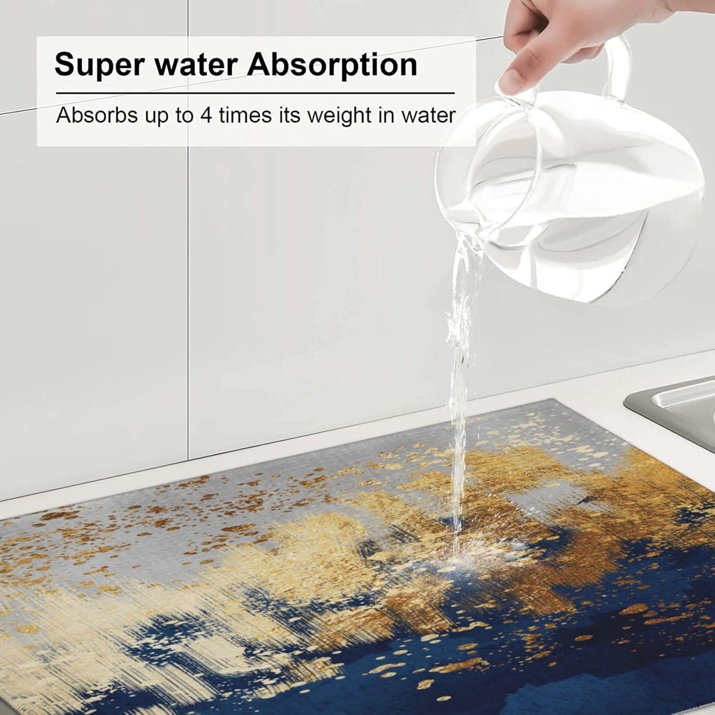 Navy Blue Gold Abstract Art Dish Drying Mat for Kitchen Counter, Absorbent Microfiber Drying Pad for Dishes, 18" x 24" Washable Foldable Modern Kitchen Mat for Dining Area & Home Decor, Blue Gold