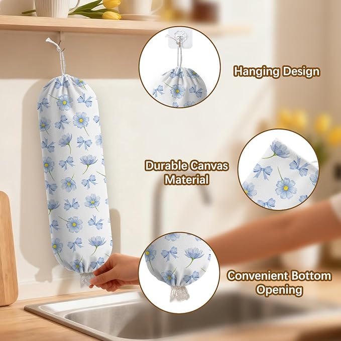 Plastic Bag Holder Dispenser, Plastic Grocery Bag Organizer & Wall Mount Paper Trash Bags Saver Storage for Kitchen Home Pantry Decor - Blue Floral Shopping Bags Storage Dispenser