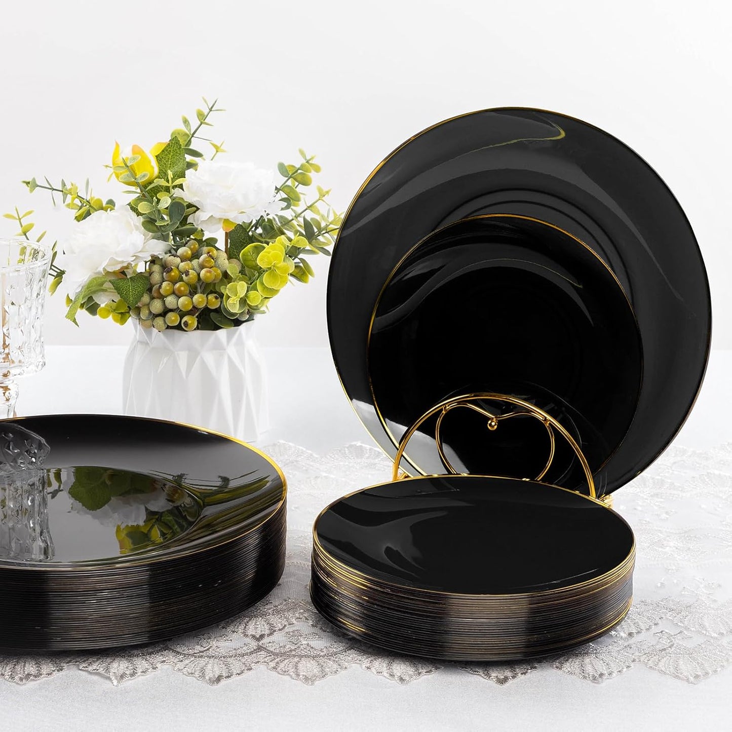 175 Pieces Black Gold Plastic Dinnerware Set, Gold Disposable Plates for Party, Include 50 Black Plates with 75 Plastic Cutlery, 25 Napkins and 25 Cups