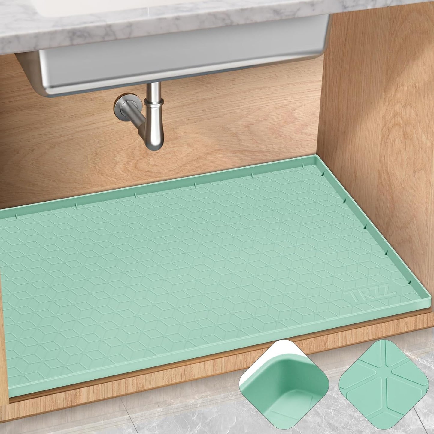 TRZZ Silicone Waterproof Under Sink Mat 28" x 22", Drip Tray and Cabinet Liner for Kitchen and Bathroom, Prevents Water Damage and Organizes Cabinets (Mint Green)