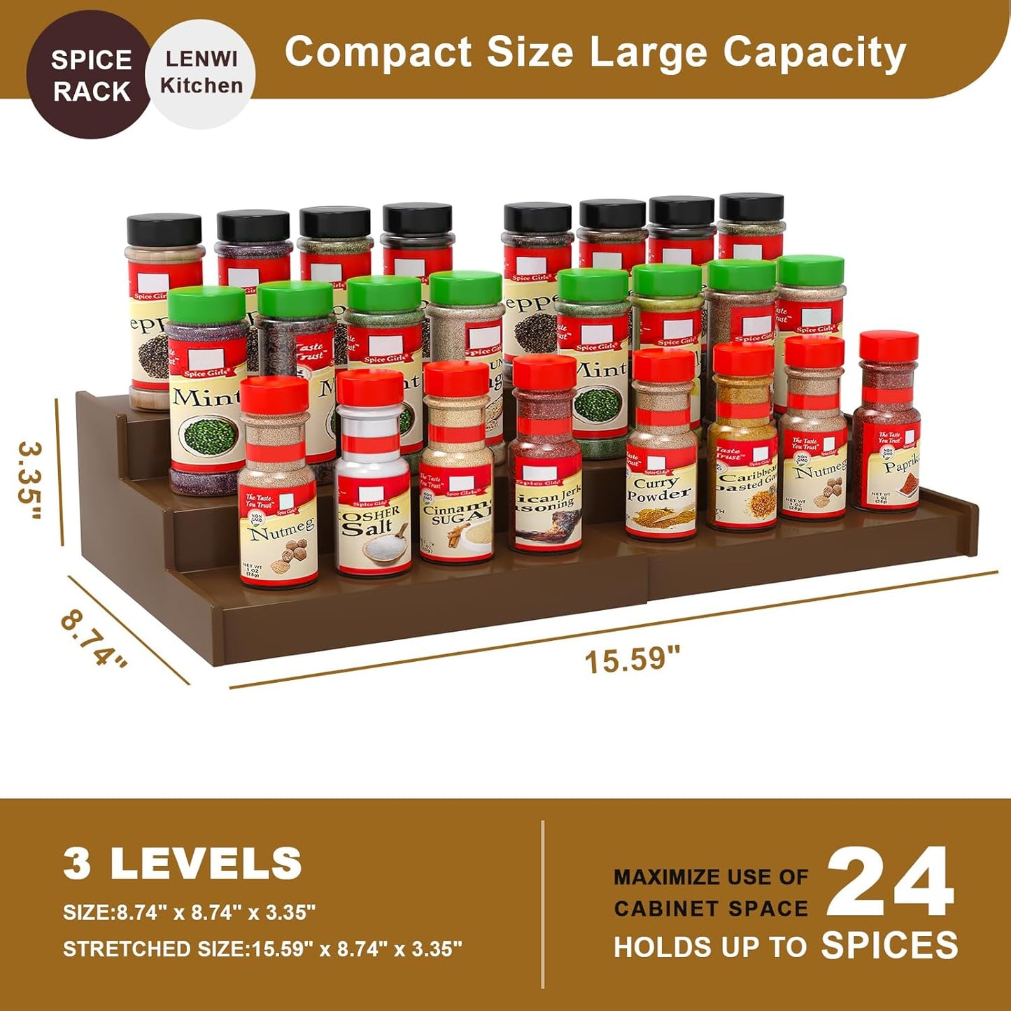 Spice Rack Organizer for Cabinet, 3 Tier Expandable Bamboo Spice Storage, Great for Kitchen Cabinet, Cupboard,Pantry and More(Brown)