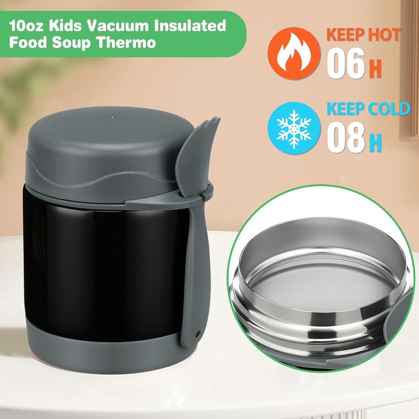 10oz Soup Thermo for Hot Food Kids Insulated Food Jar,Thermo Hot Food Lunch Container, Width Mouth Stainless Steel Lunch Box for Kids with Spoon (Black)