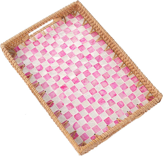 Rectangle Rattan Tray with Mother of Pearl Inlay, Rattan Serving Tray with Handle for Coffee, Bread, Fruits, Decorative Wicker Tray for Table Decor (Rectangle Pink Checkerboard, 13"×9")