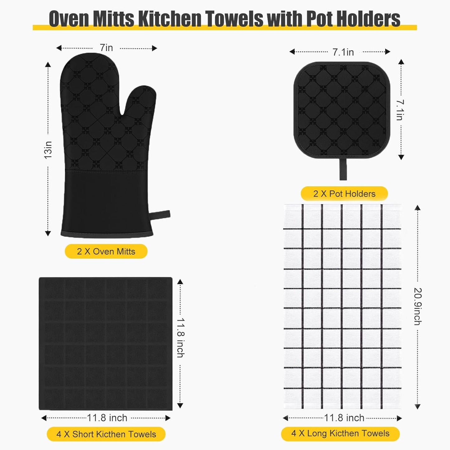 Oven Mitts Kitchen Towels Dishcloths with Pot Holders Sets 12PCS, Dish Towels Sets, Oven Gloves Pot Pads Heat Resistant 500 Degrees with Non-Slip Silicone Surface for Cooking Baking Grilling Black