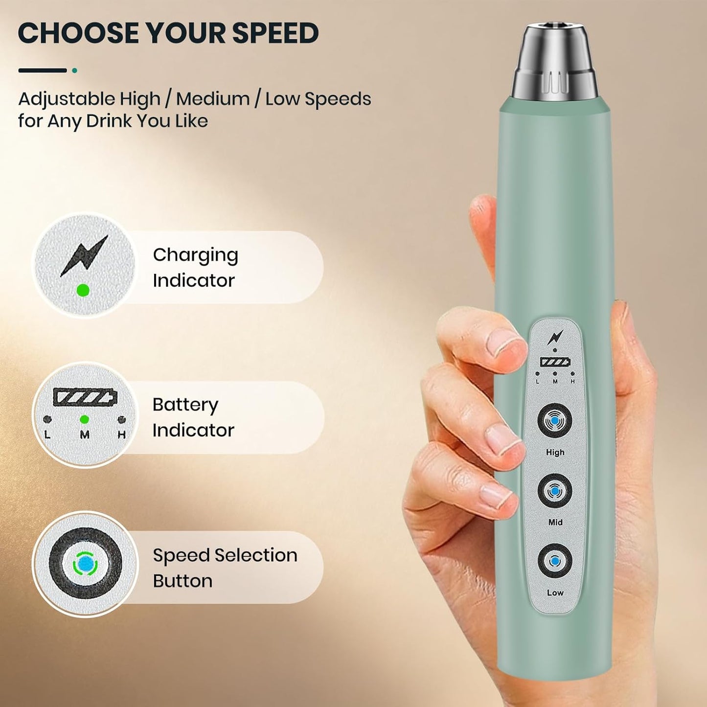 Milk Frother Handheld Rechargeable, Frother Wand Drink Mixer Electric Whisk for Coffee, Detachable With 3 Stainless Whisks, Hand Mixer for Lattes, Cappuccino, Matcha, No Stand, Sage Green