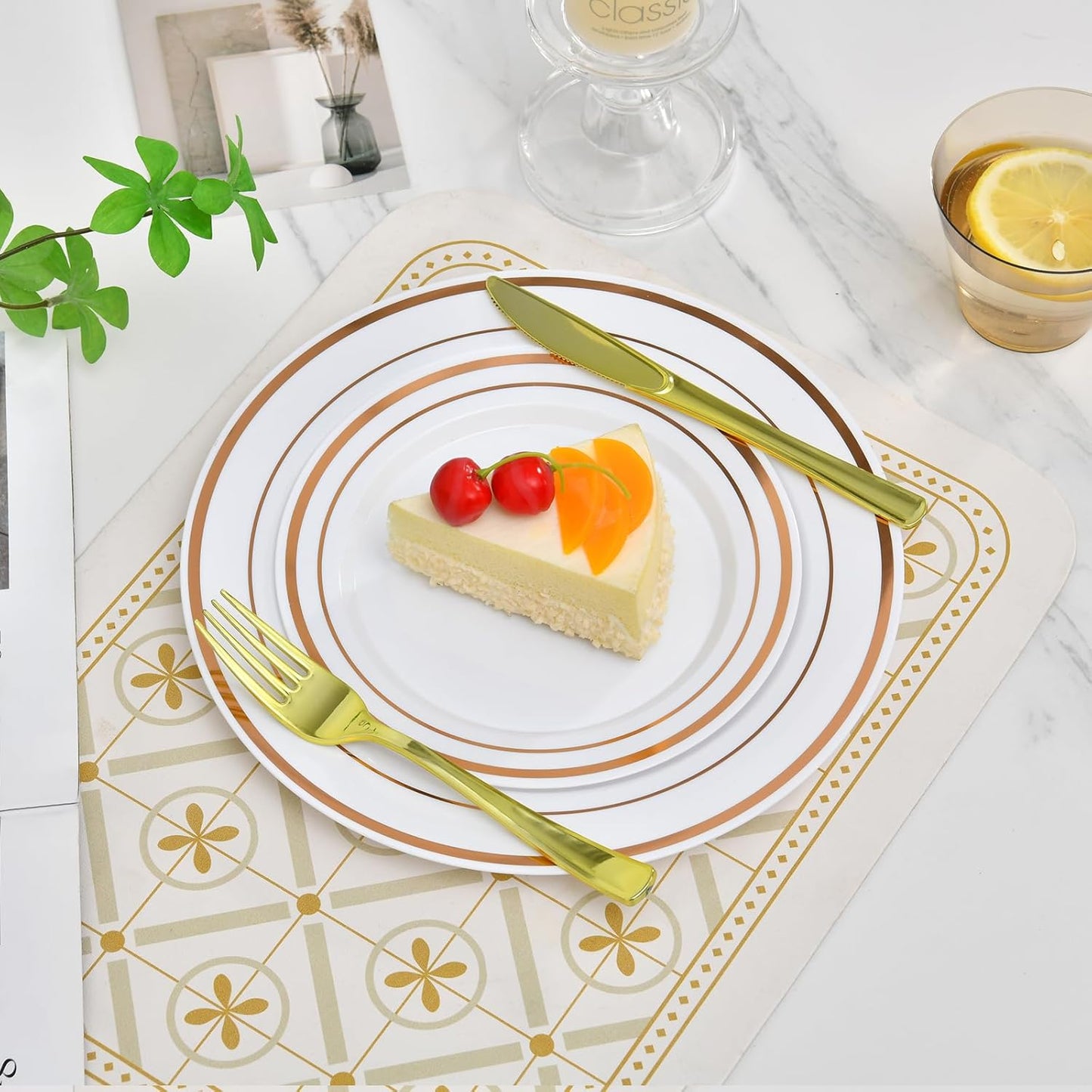 100PCS Rose Gold Plastic Plates Disposable Heavy Duty Include 50PCS 10.25inch Dinner and 50PCS 7.5inch Dessert Plastic Plates for Party Wedding Anniversary New Year