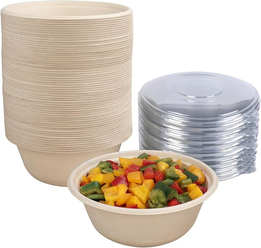 40 oz Disposable salad bowls with lids,Sugarcane Fiber Paper Bowls take away food containers Bagasse Plant Fibers Freezer Safe 25 Pack
