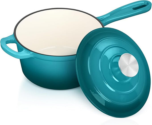 Enameled Cast Iron Sauce Pan with Lid, Leonyo 2 Quart Saucepan with Lid, Enamel Cast Iron Pot Dutch Oven Kitchen Cookware for All Cooktops Cooking Soup, Milk - Up to 500°F & 6.7Lbs, Lake Green