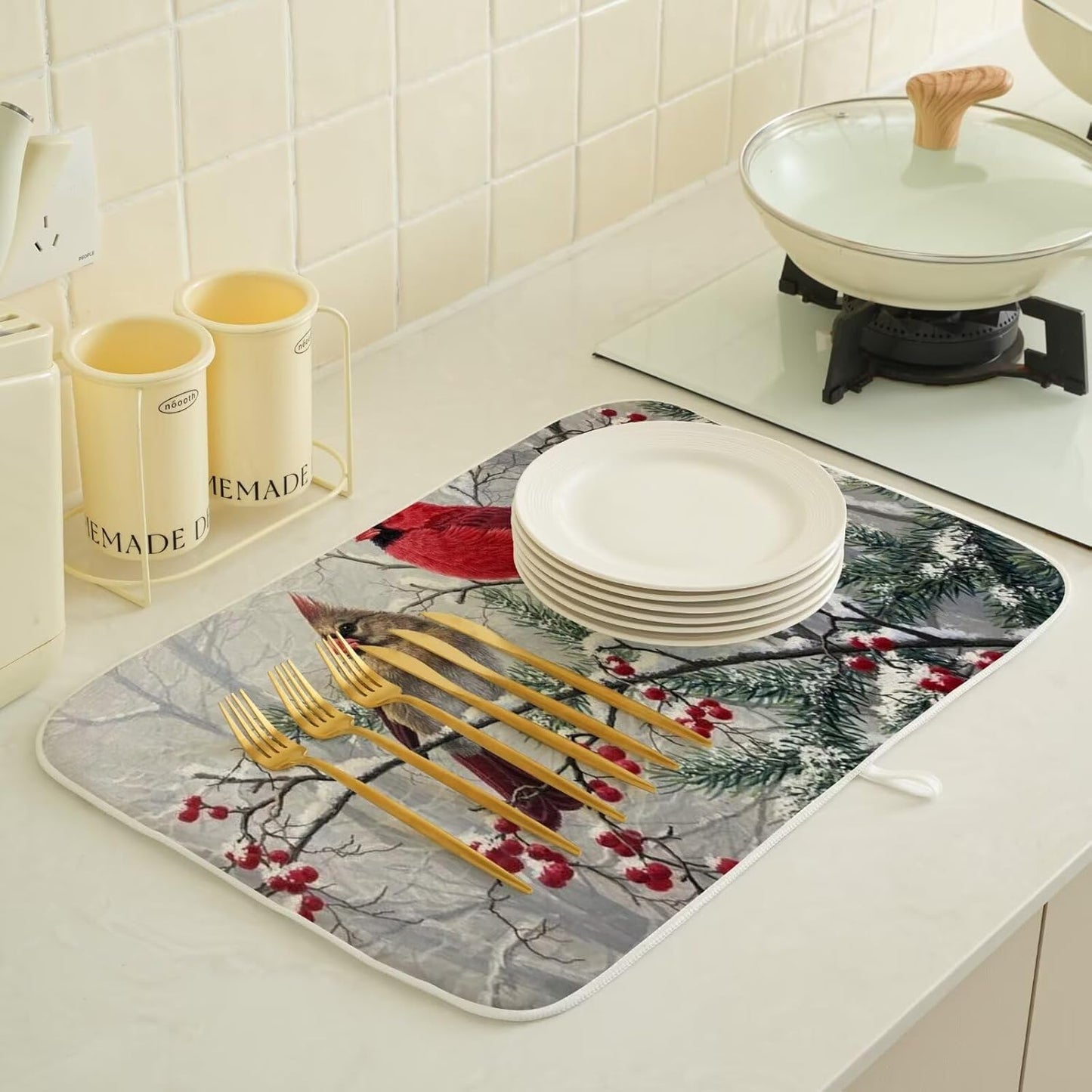 Winter Cardinal Bird Dish Drying Mat 18 x 24 inch Winter Snow Red Birds Pine Trees Decorative Drying Mats Microfiber Absorbent Holiday Dish Washable Draining Mat for Kitchen Counter Decor