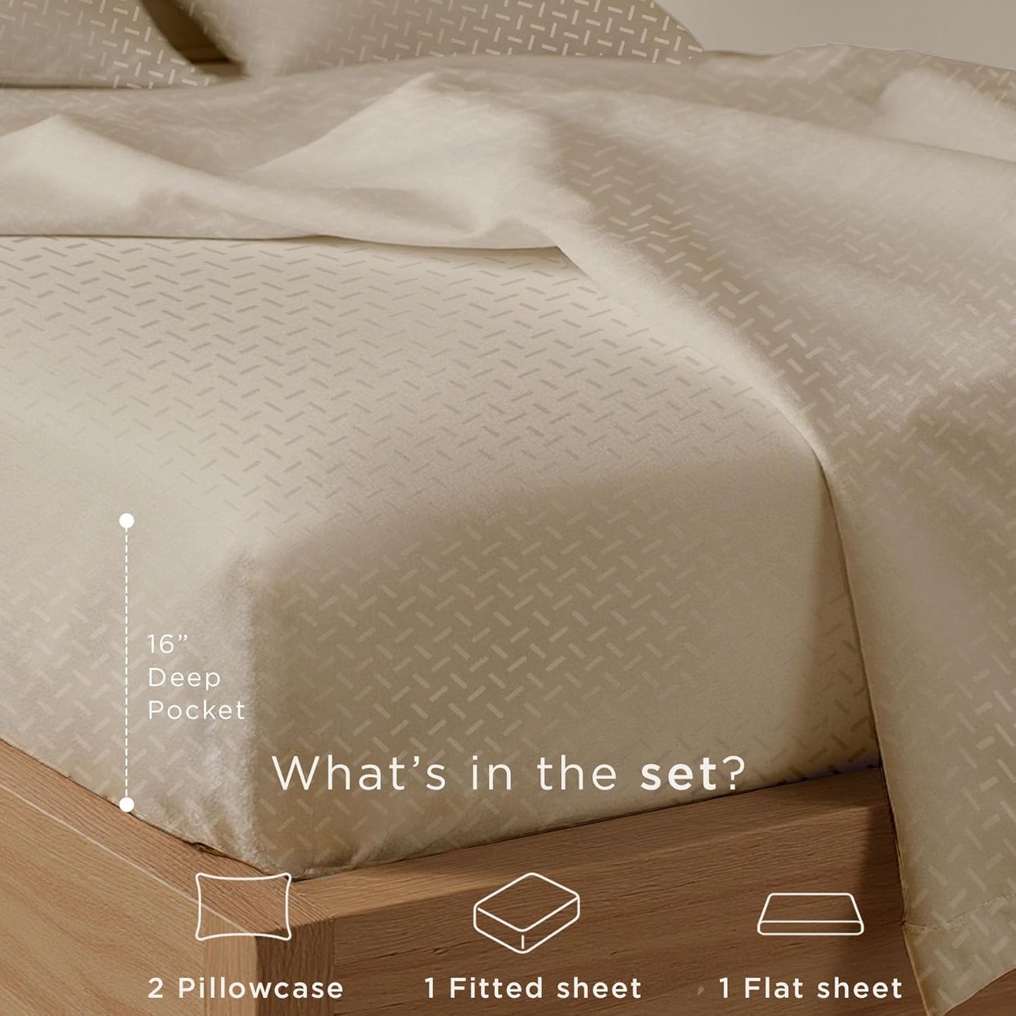 300 Thread Count Jacquard Astra Light Beige Queen Sheet Set - 100% Cotton Breathable Silky Soft Damask Sheets - 4 Pc Bed Sheet Set Elasticized Deep Pockets - Wrinkle Free Bedding Sheets by Threadmill