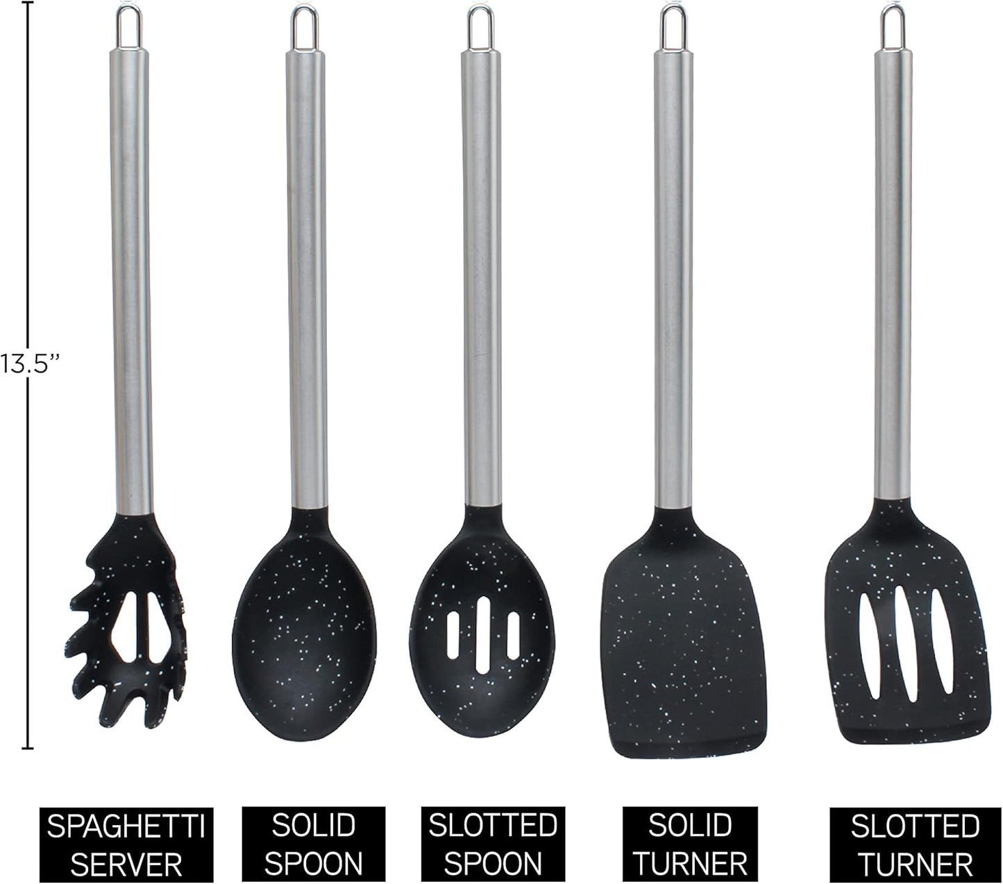 COOK WITH COLOR Silicone Cooking Utensils, Kitchen Utensil Set, Easy to Clean Silicone Kitchen Utensils, Cooking Utensils for Nonstick Cookware, Kitchen Gadgets Set, 5 Pieces, Speckled Black