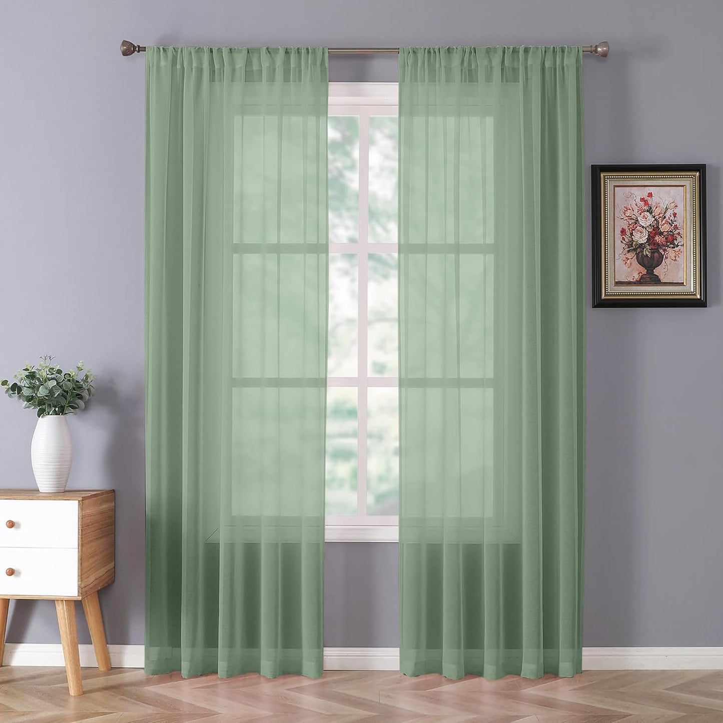 Tollpiz Sheer Curtain Linen Textured Bedroom Curtains Sheer Light Filtering Rod Pocket Voile Curtain for Living Room, 54 x 95 inches Long, Sage Green, Set of 2 Panels