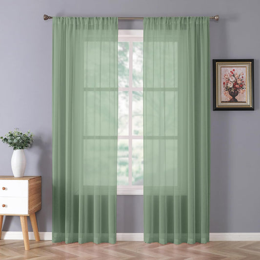 Tollpiz Sheer Curtain Linen Textured Bedroom Curtains Sheer Light Filtering Rod Pocket Voile Curtain for Living Room, 54 x 95 inches Long, Sage Green, Set of 2 Panels