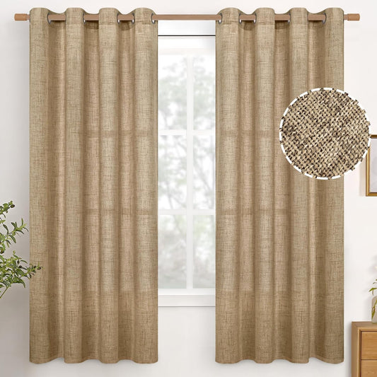 YoungsTex Burlap Toffee Curtains 68 Inch Length for Living Room, Linen Sheer Drapes Taupe Netural with Bronze Grommet Privacy for Bedroom Rustic Farmhouse, 52 x 68 Inch, 2 Panels
