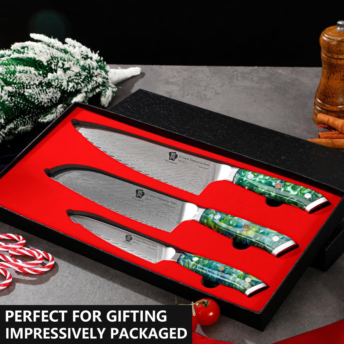 WILDMOK Professional Kitchen Knife Sets 3 PCS,Damascus Steel Chef Knife Set, 3PCS Ultra Sharp Japanese Kitchen Knives, Ergonomic Resin Handle Elegant Gift Box for Home or Restaurant