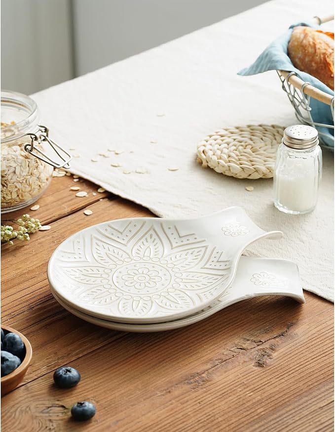 Ceramic Spoon Rest for Stove Top, 7.48 Inches Spoon Holder for Kitchen Counter, Kitchen Counter Decor, Dishwasher Safe, Off-White