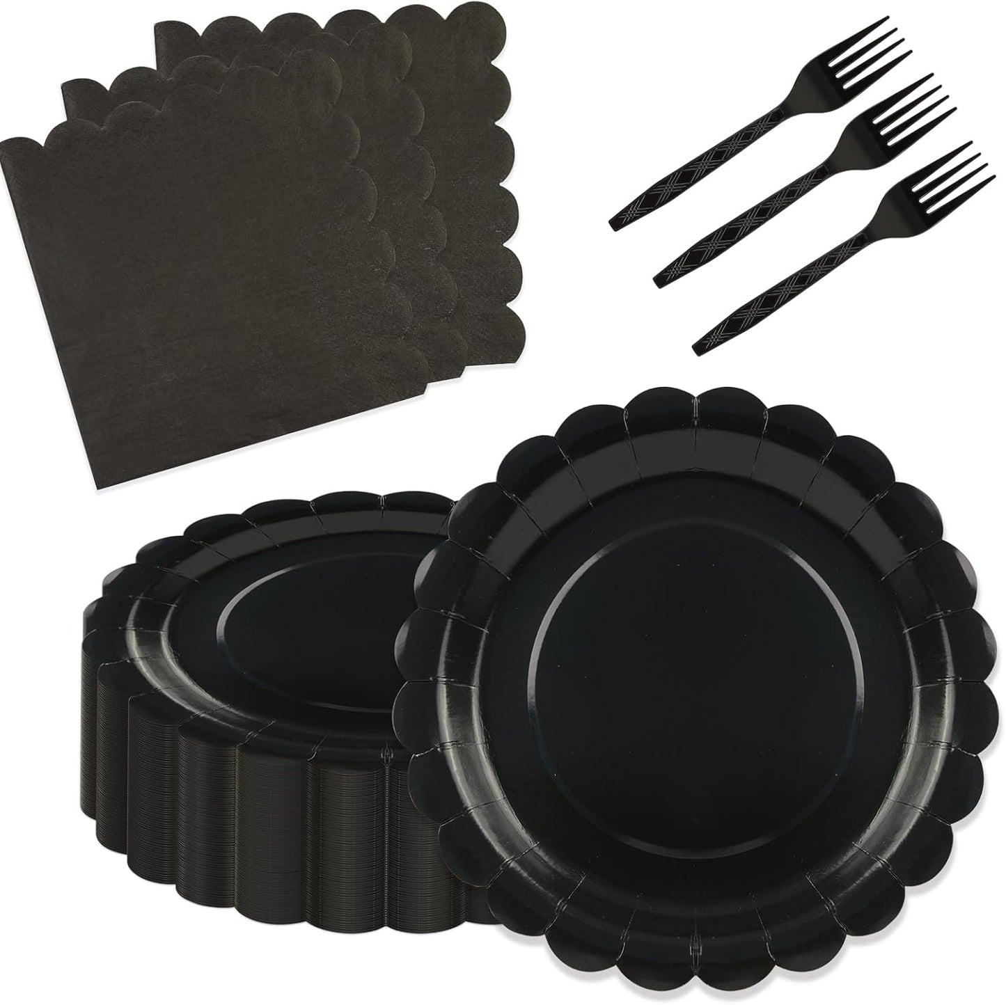 75Pcs Black Paper Plates Set-7 Inch Disposable Halloween Plates Scalloped Black Cute Dessert Dinner Plate Nakpins Forks Birthday Dinnerware Set Party Supplies for Halloween Wedding Table Decor