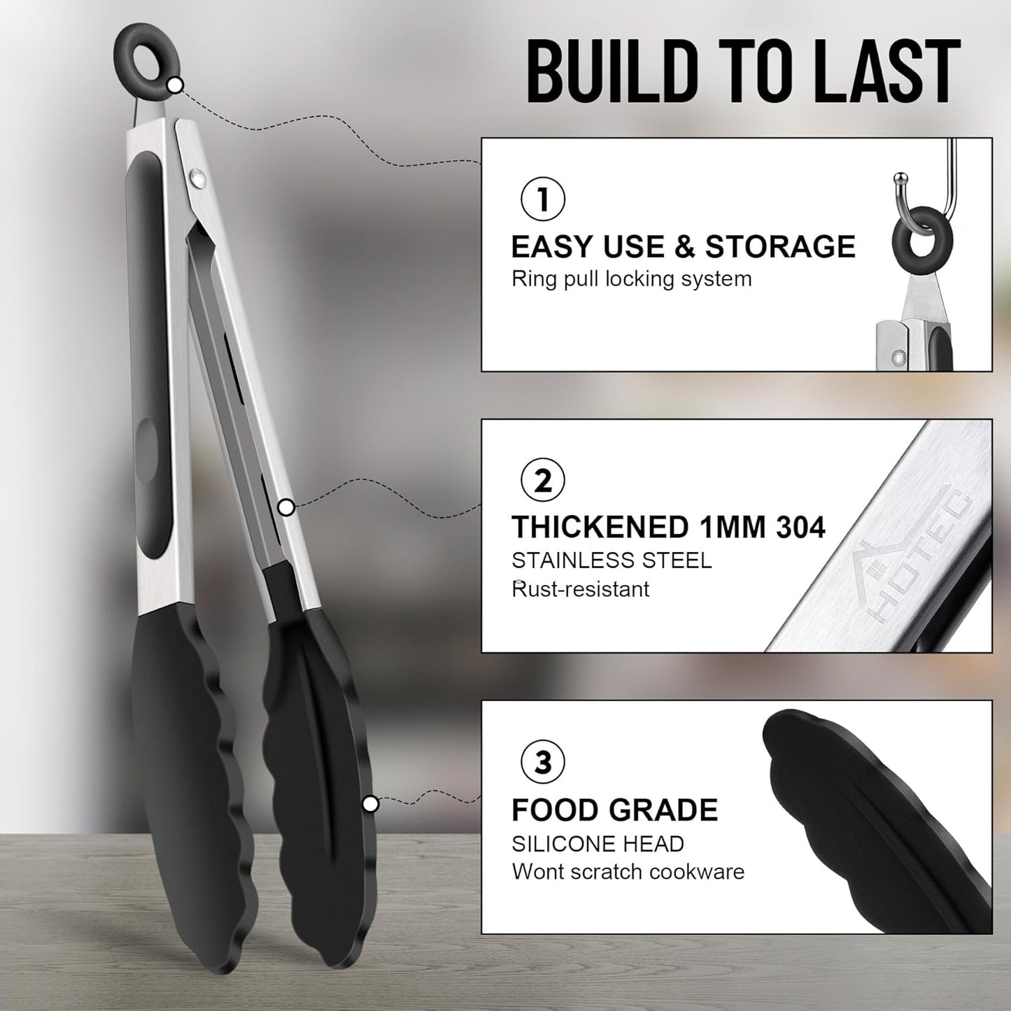 HOTEC Premium 7 & 9 Inch Kitchen Tongs, Stainless Steel Locking Cooking Tongs with Silicone Tips, Non-Scratch & Heat Resistant, Serving Tongs for Salad, BBQ, Black, Set of 2