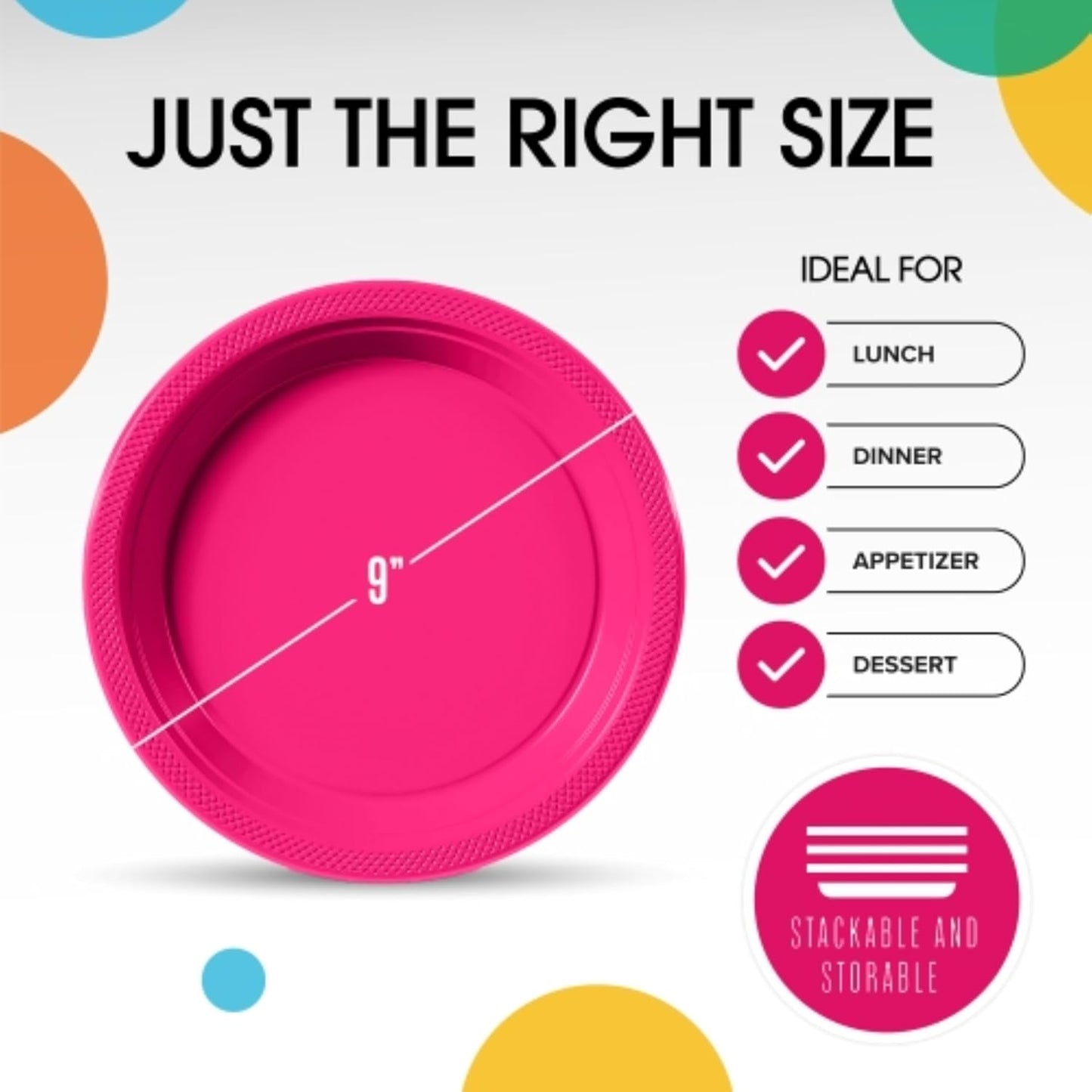 Exquisite Party Solids Hot Pink Plastic Plates For Party Supplies 9" Hot Pink Disposable Plates Heavy Duty 50 Pcs Plastic Dinnerware Sets Heavy Duty 350 GSM Disposable Dinnerware Set