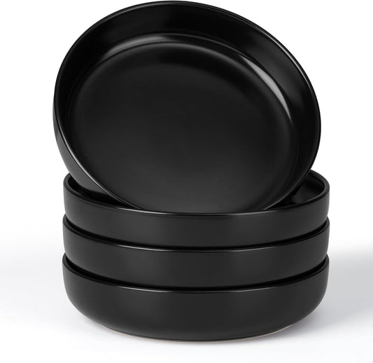 E-far Pasta Bowls Set of 4-35oz Ceramic Large Serving Salad Bowls, Wide & Shallow Stoneware Pasta Plates for Salad, Soup, Dinner| Dishwasher & Microwave Safe | Matte Black