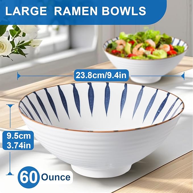 9.4Inch Ceramic Ramen Bowl Set of 4 (17 Piece) - Porcelain Japanese Salad Noodles Cereal Fruit Pasta Soup Large Bowls with Recipes Chopsticks Forks Spoons for Men Women Gift Microwave Dishwasher Safe