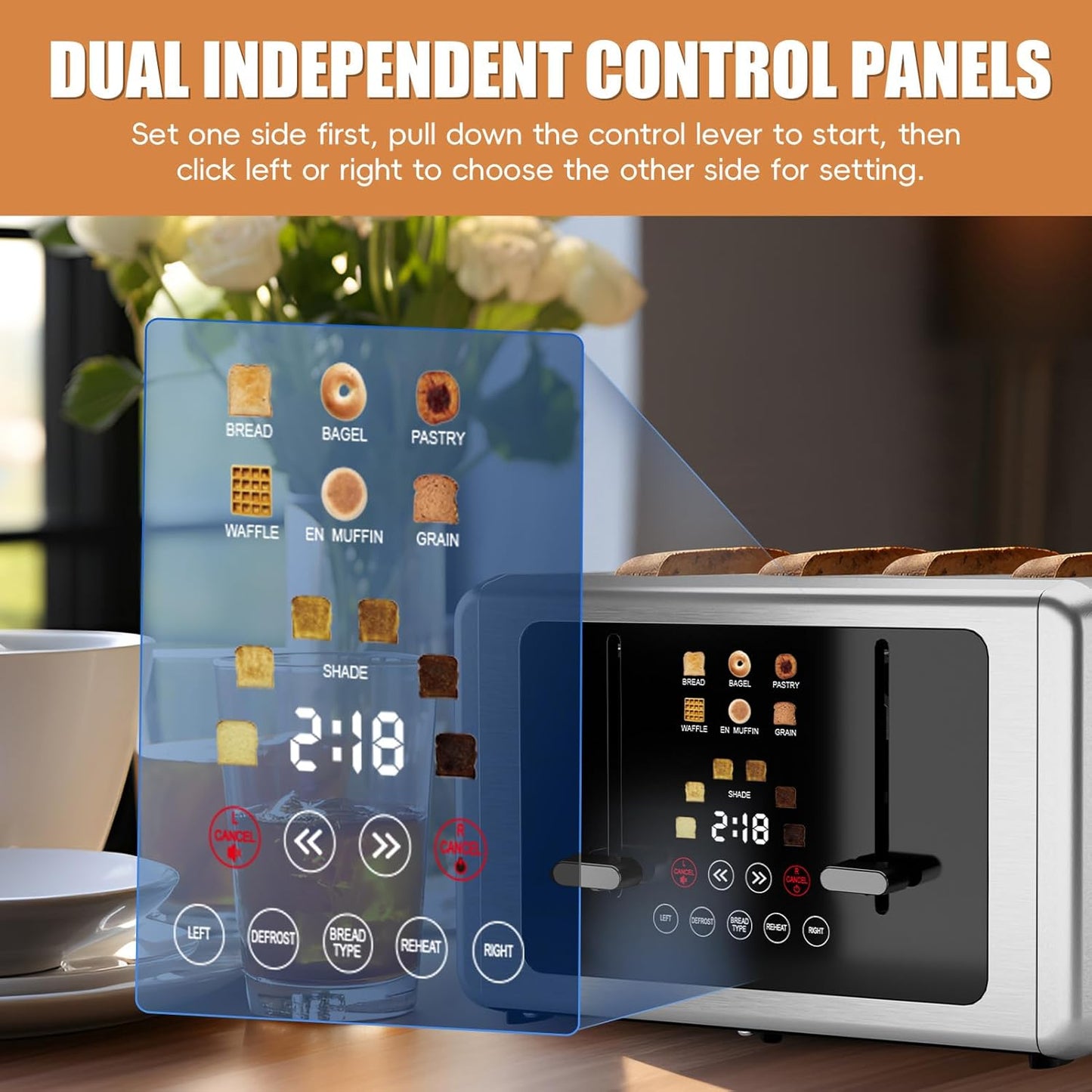 whall 4 Slice Touch Screen Toaster, Stainless Steel Toasters Digital Timer, Dual Control Panel Toasters，6 Shade Settings＆6 Bread Types, Smart Wide Slots, Bagel, Cancel, Defrost,Gray