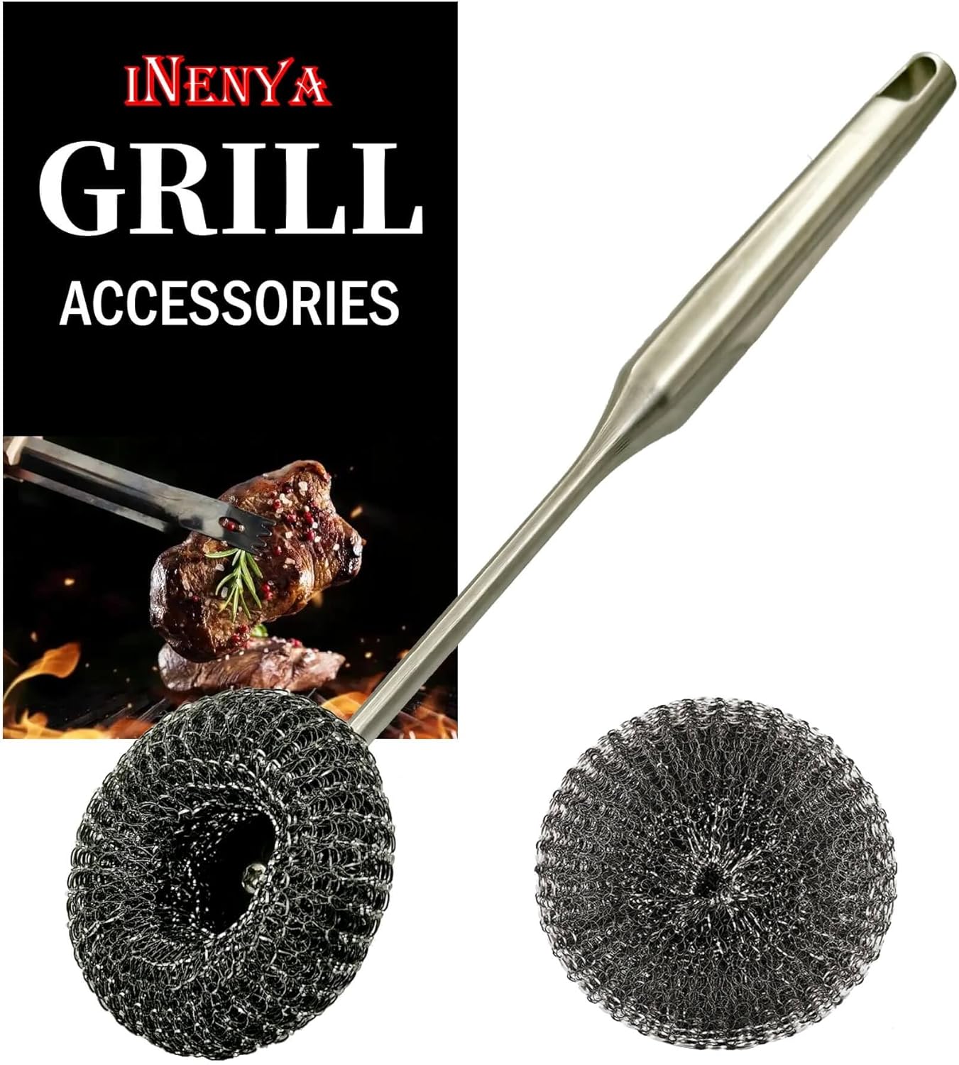 Grill Brush with Replaceable Head for Barbecue – Safe Bristle Free Stainless Steel BBQ Cleaner with Heavy Duty Scrubber Pad, Grill Accessories Steel Wool Scrubbers for Porcelain Gas Charcoal Grill