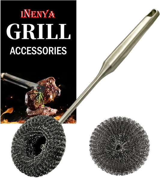 Grill Brush with Replaceable Head for Barbecue – Safe Bristle Free Stainless Steel BBQ Cleaner with Heavy Duty Scrubber Pad, Grill Accessories Steel Wool Scrubbers for Porcelain Gas Charcoal Grill